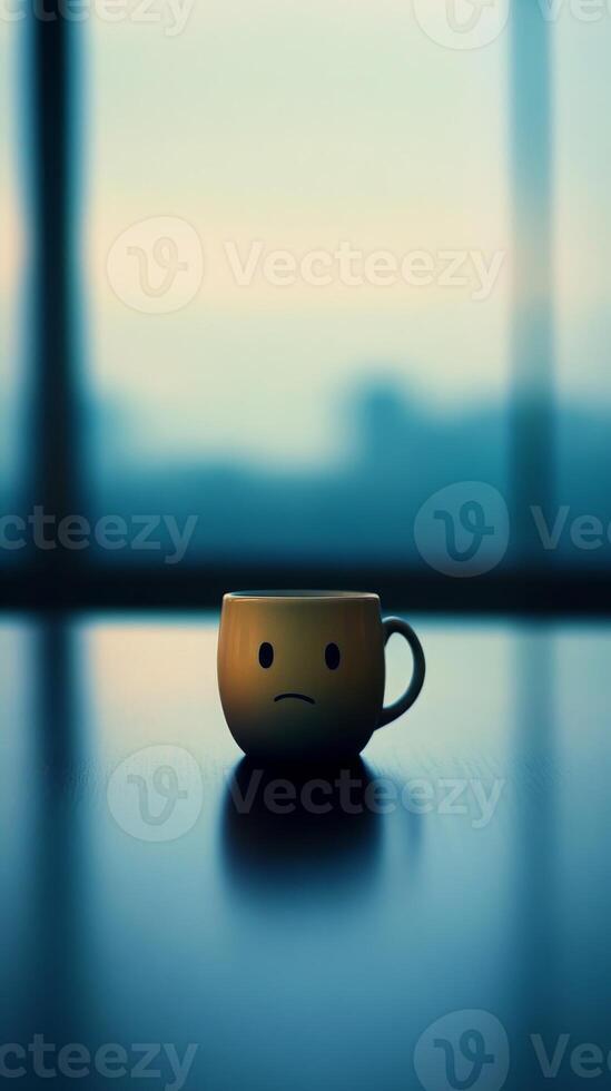 A sad faced mug sits on a smooth table in a vast, empty room. Soft blue tones blur the background, highlighting the isolation and stillness, with negative space adding to its loneliness photo