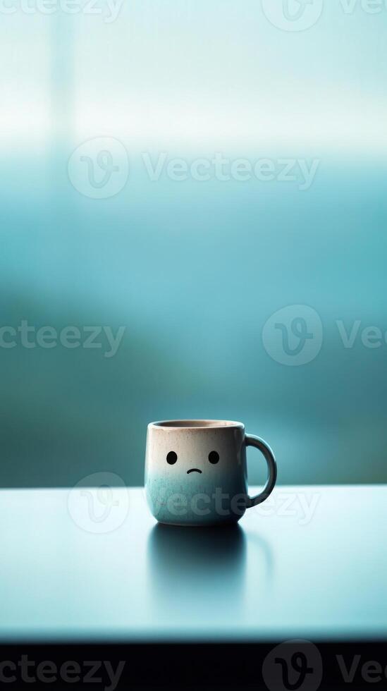 A sad faced mug sits on a smooth table in a vast, empty room. Soft blue tones blur the background, highlighting the isolation and stillness, with negative space adding to its loneliness photo