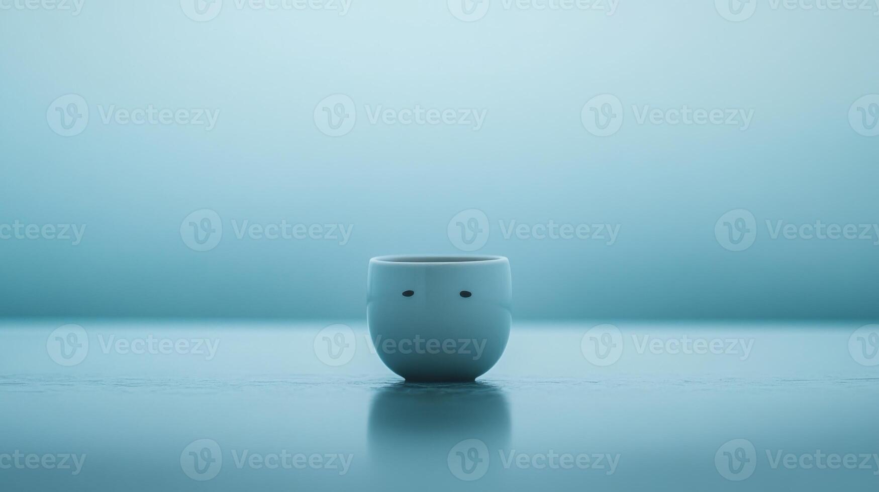 Lonely ceramic mug with a sad face sits on an empty surface, surrounded by vast negative space. Soft blue tones in the background evoke a cold, desolate environment, emphasizing the mug insignificance photo