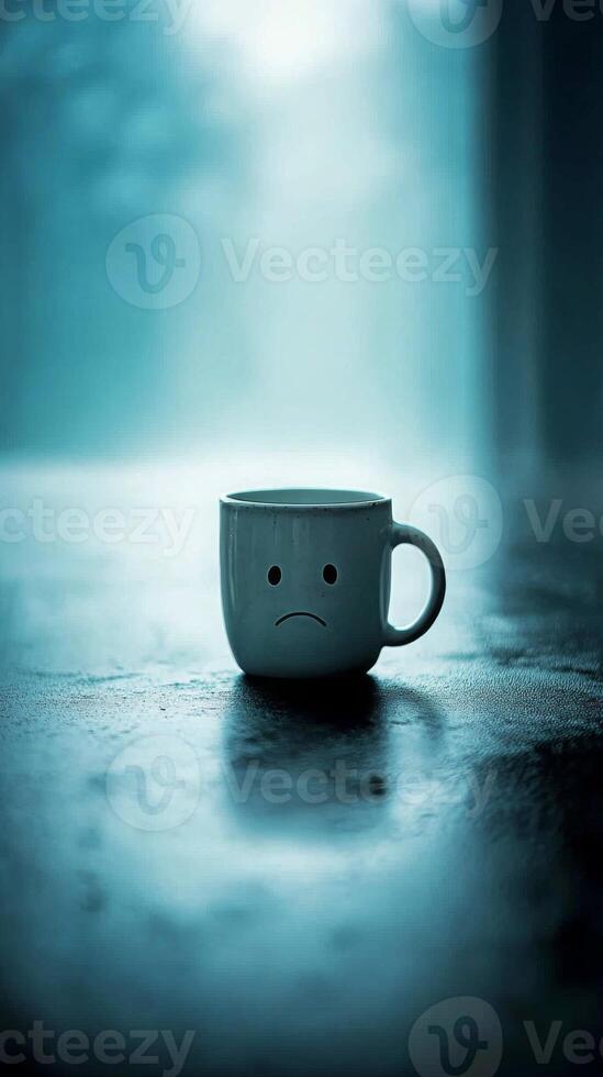 A sad faced mug sits on a smooth table in a vast, empty room. Soft blue tones blur the background, highlighting the isolation and stillness, with negative space adding to its loneliness photo