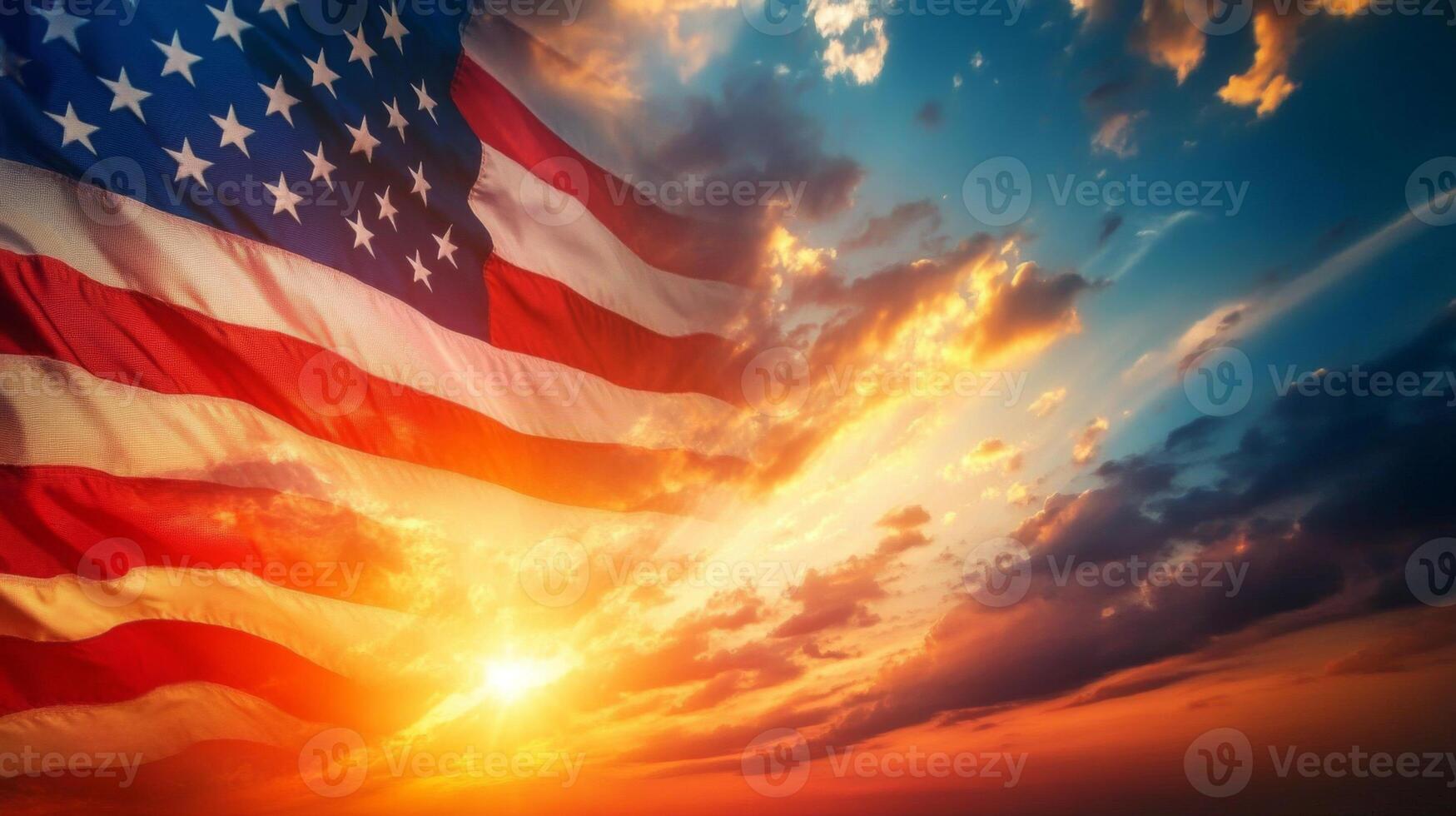 Close-up of American flag texture with a sunset sky full of soft clouds, vibrant yet subtle colors photo
