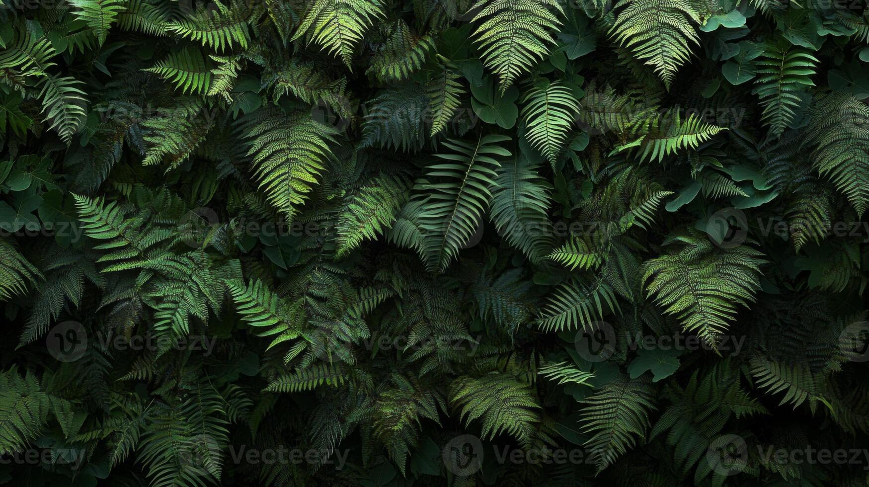 Dense arrangement of dark green ferns with intricate leaf patterns covering the entire frame, minimal light, rich shadows, natural forest setting photo