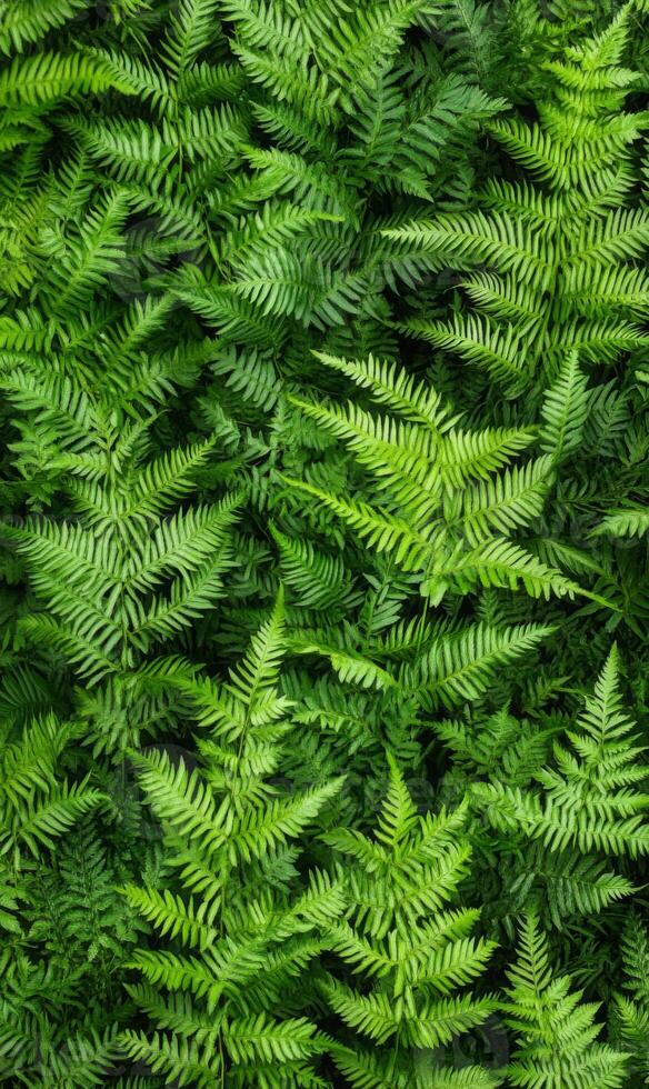 Lush dark green ferns tightly packed, showing rich textures and deep shadows, minimal light, full-frame composition photo
