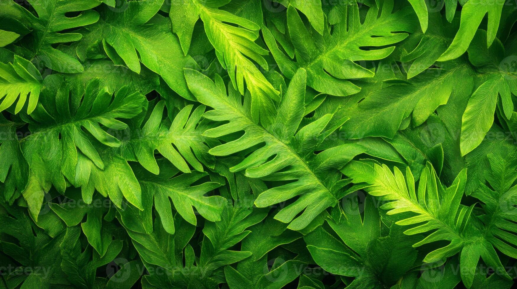 Close-up of thick fern leaves layered together, creating a deep green textured pattern, low natural lighting, high contrast photo