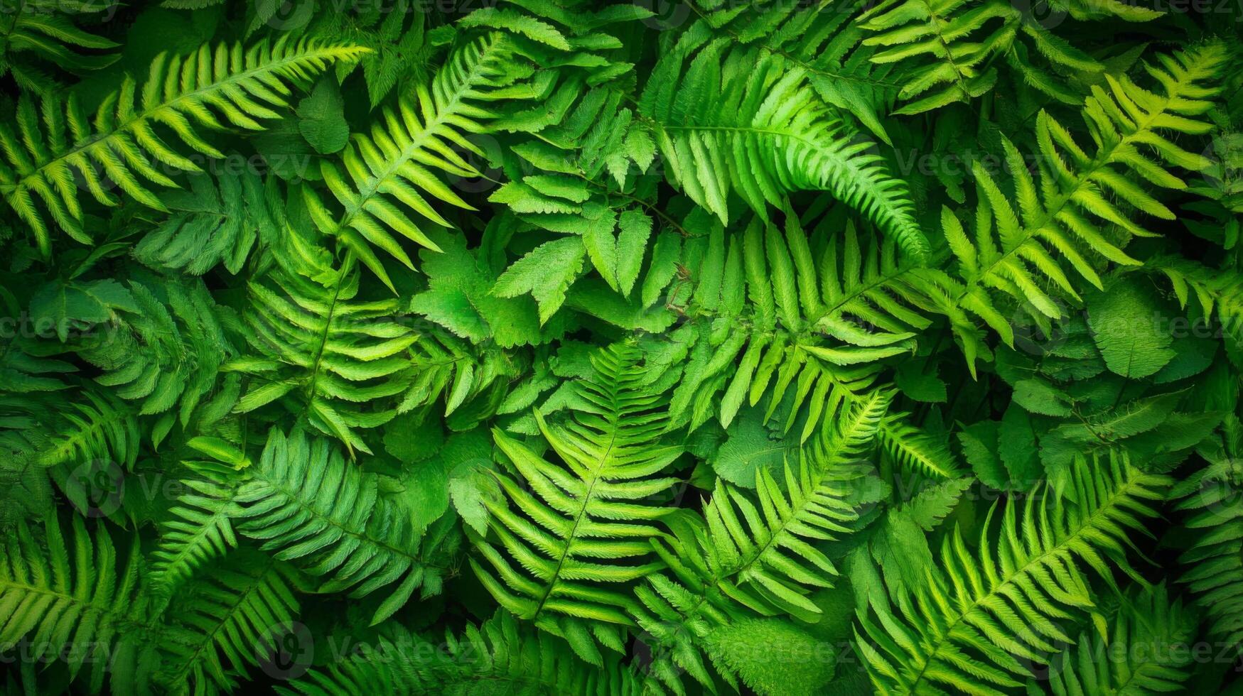 Full view of densely layered fern leaves, natural forest light barely filtering through, creating high contrast and depth photo