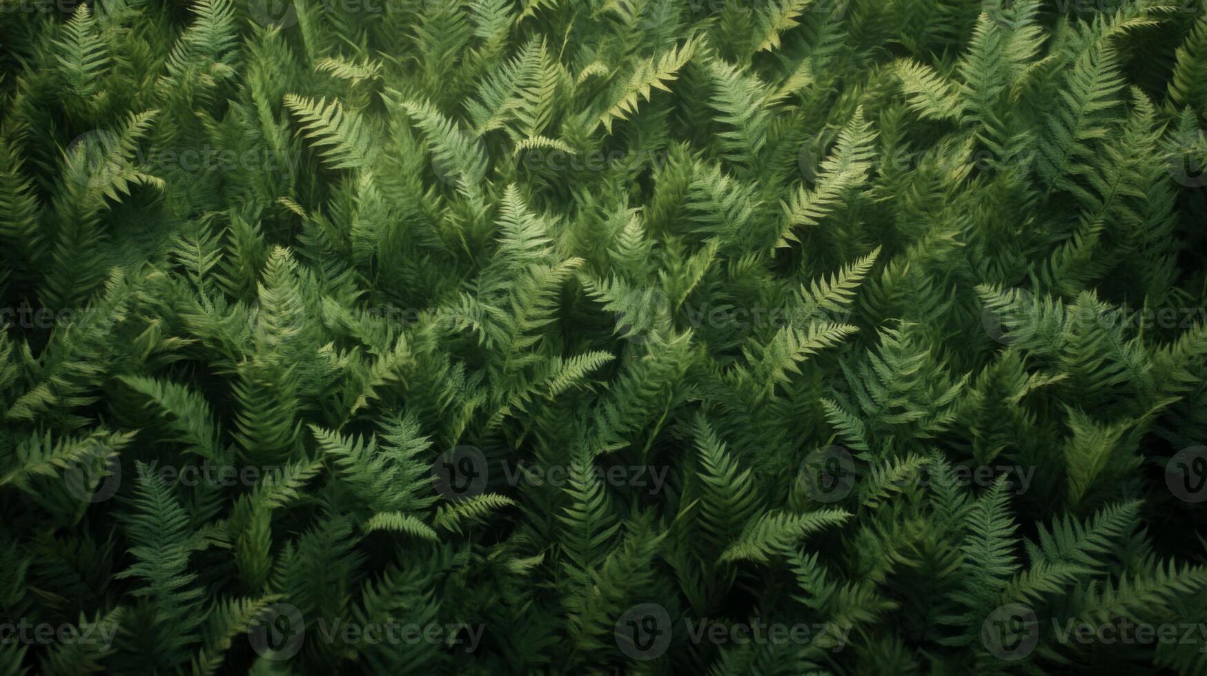 Dense carpet of ferns filling the frame, deep shadows and subtle light creating a moody and natural texture photo