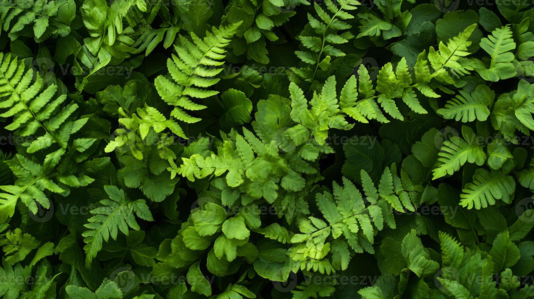 Lush dark green ferns tightly packed, showing rich textures and deep shadows, minimal light, full-frame composition photo