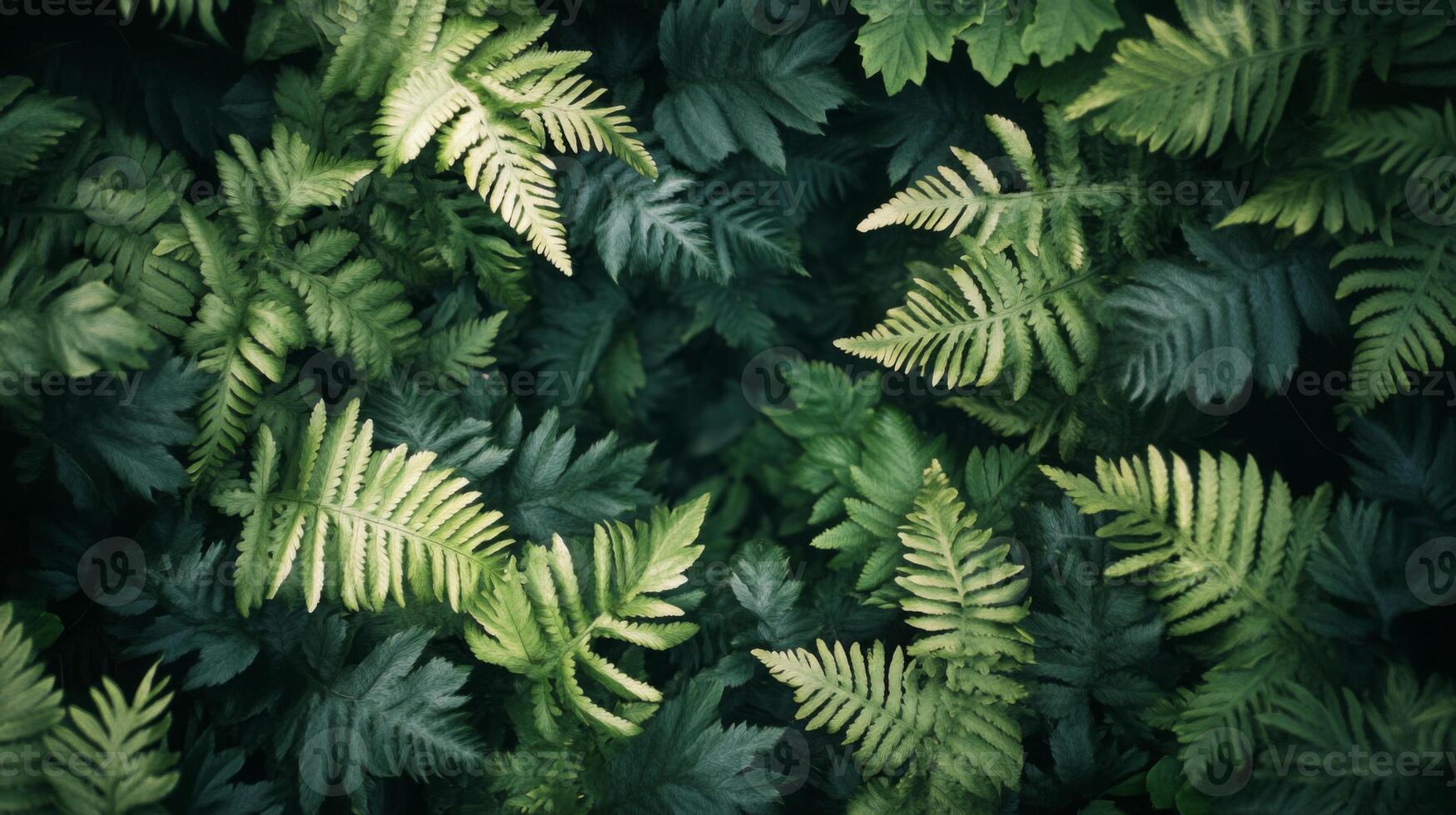 Dense arrangement of dark green ferns with intricate leaf patterns covering the entire frame, minimal light, rich shadows, natural forest setting photo