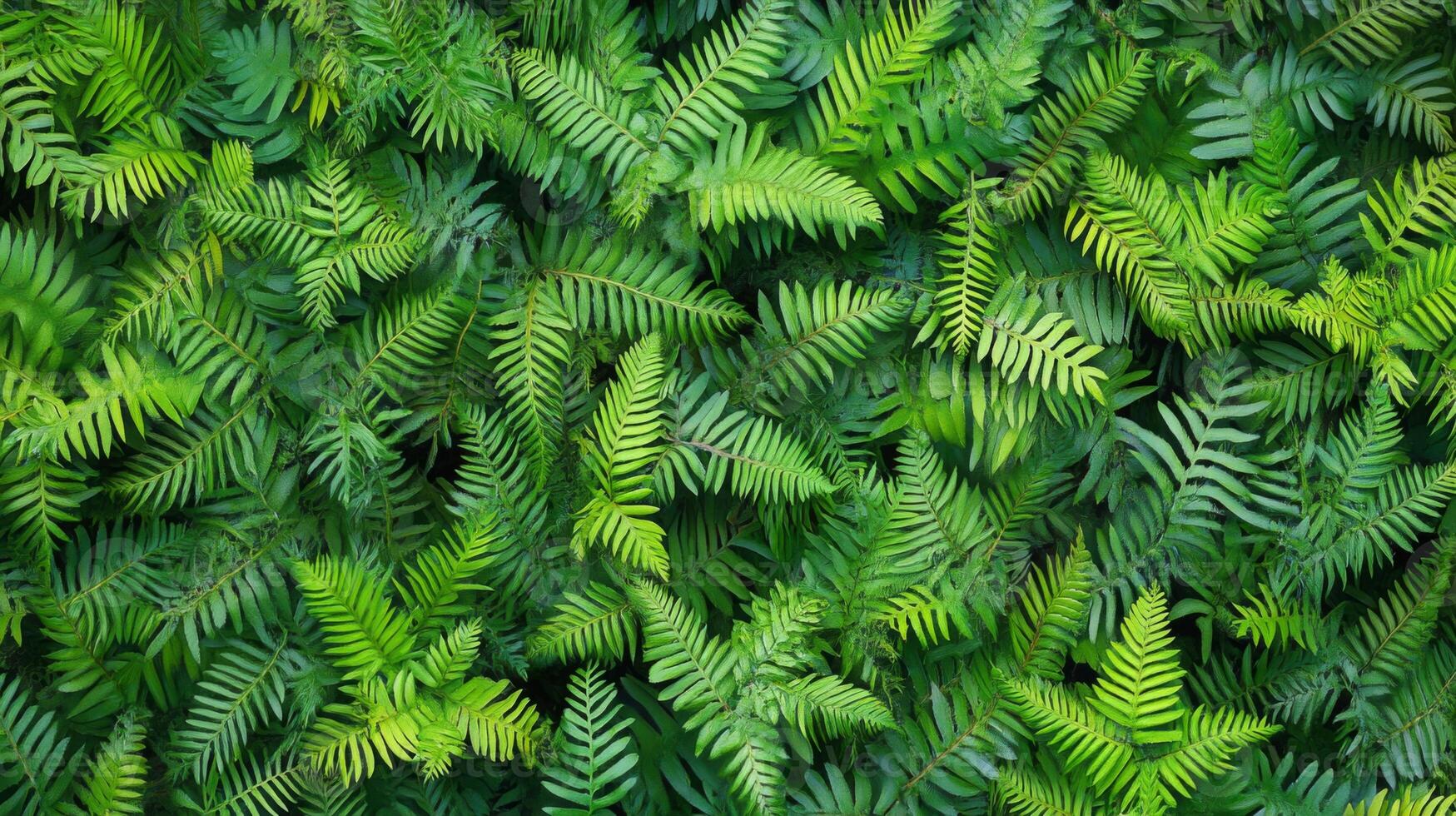Pattern of overlapping fern fronds, tightly packed with rich, dark green hues, soft ambient light, natural forest vibe photo