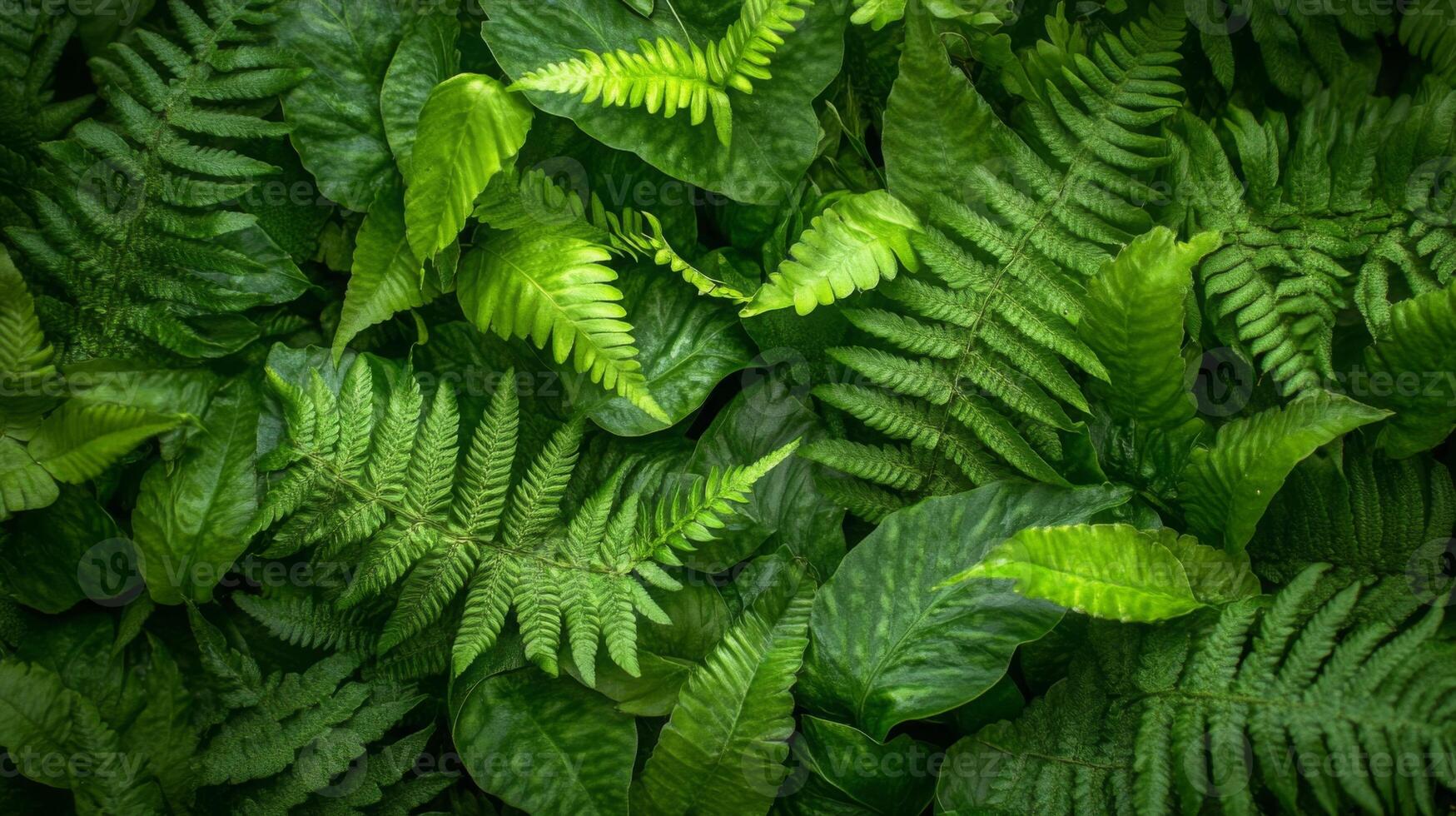 Close-up of thick fern leaves layered together, creating a deep green textured pattern, low natural lighting, high contrast photo