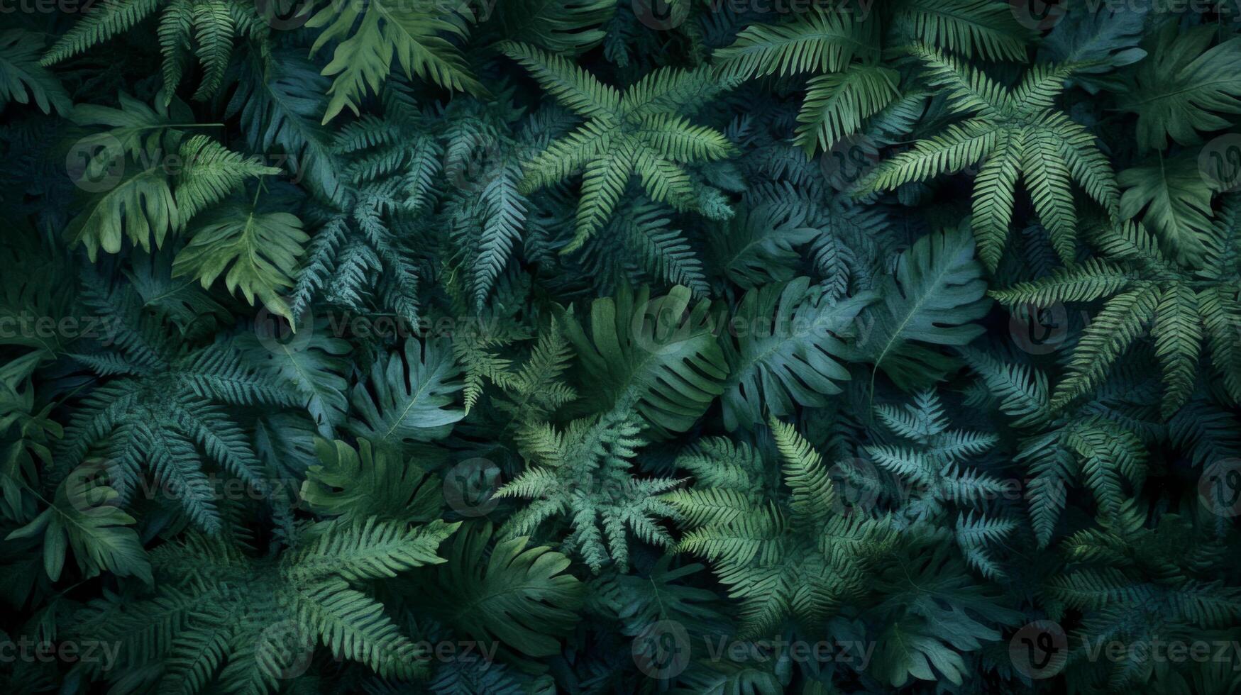 Dense arrangement of dark green ferns with intricate leaf patterns covering the entire frame, minimal light, rich shadows, natural forest setting photo