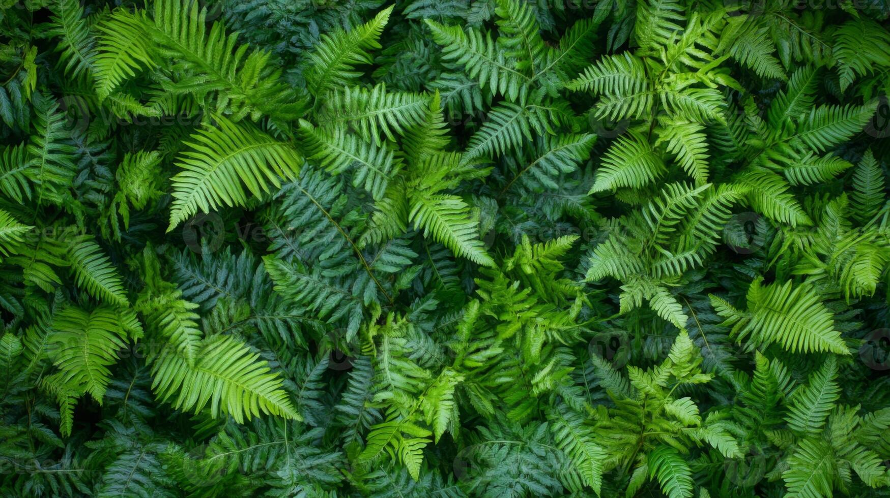 Pattern of overlapping fern fronds, tightly packed with rich, dark green hues, soft ambient light, natural forest vibe photo