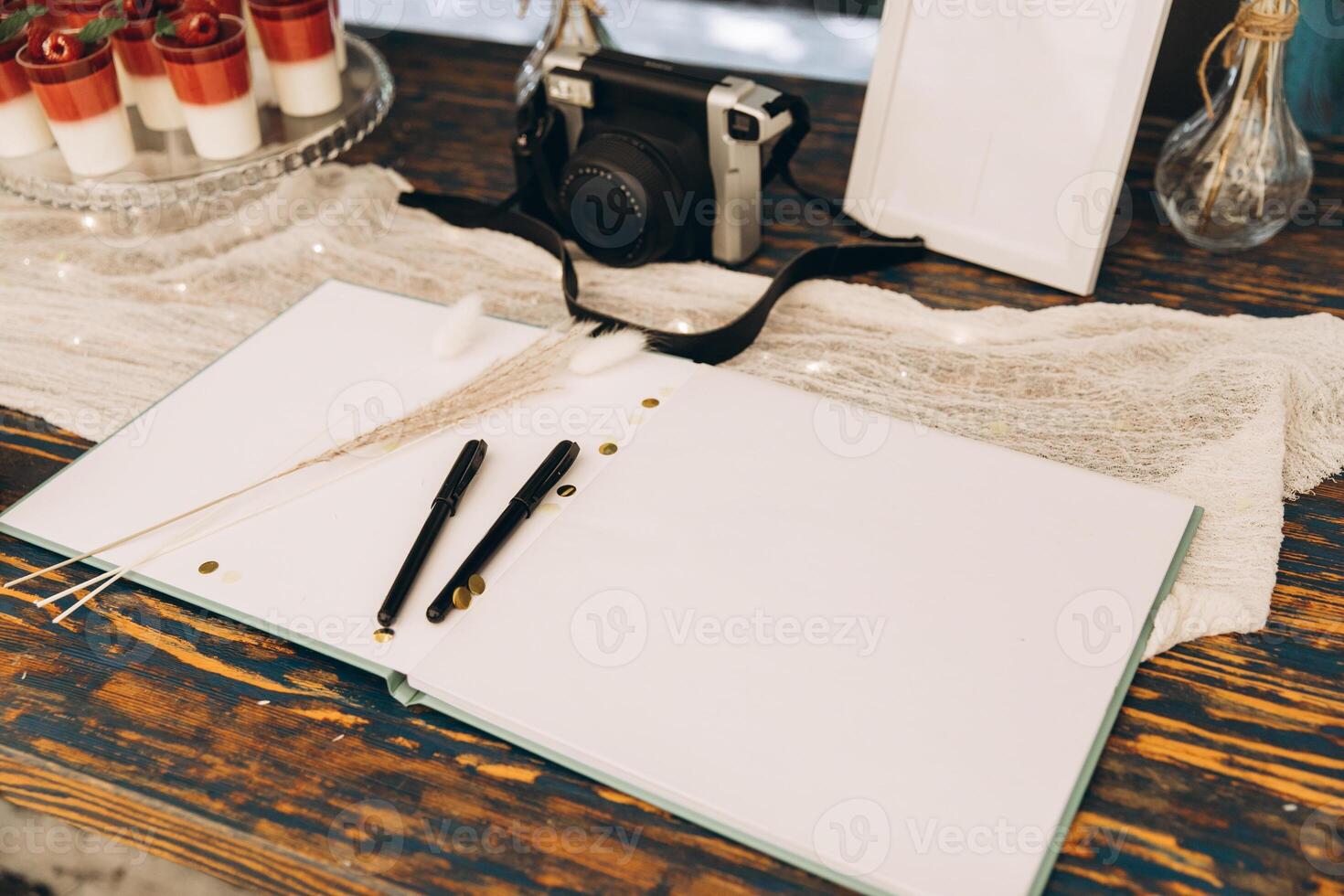 Wedding wish book with copy space mock up, film camera photo