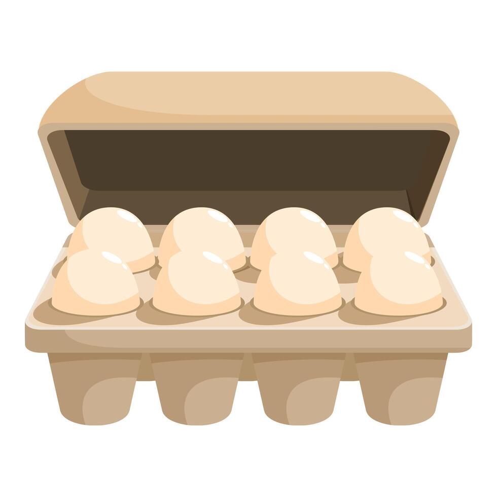 Open cardboard box holding ten white chicken eggs vector