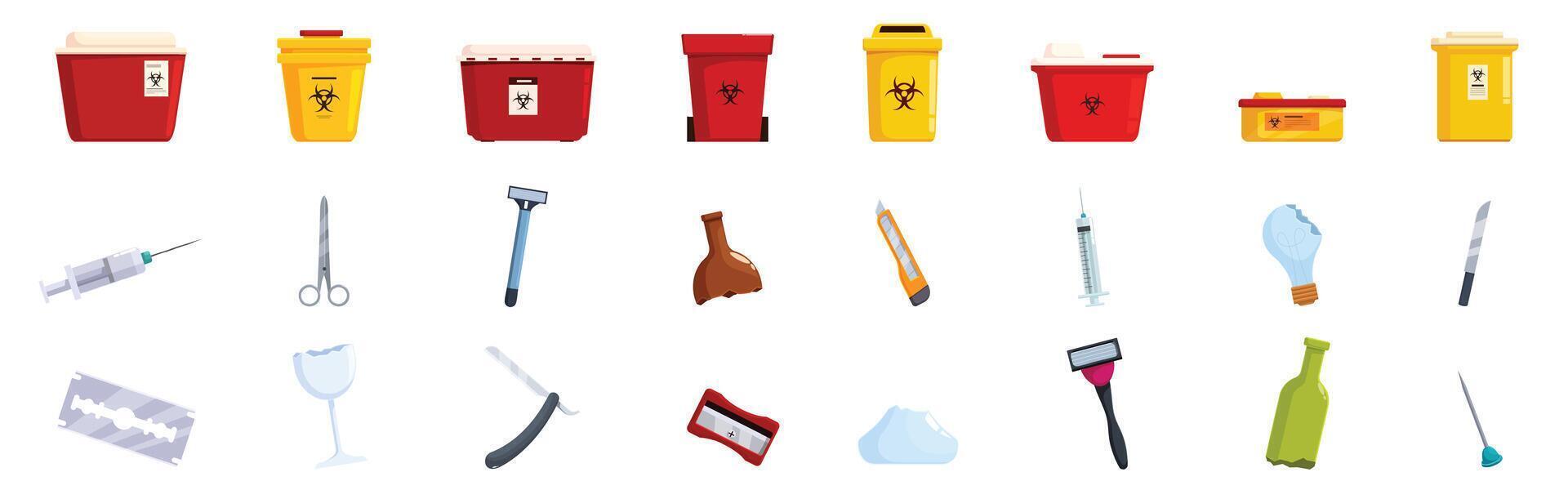 Sharps container icons set. Medical waste container and sharps objects for hospital disposal representing infection risk vector