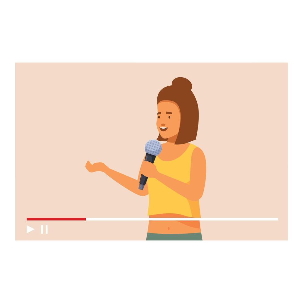 Young woman holding microphone talking on video platform vector