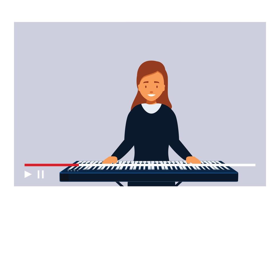Woman playing electric piano keyboard synthesizer on video tutorial vector