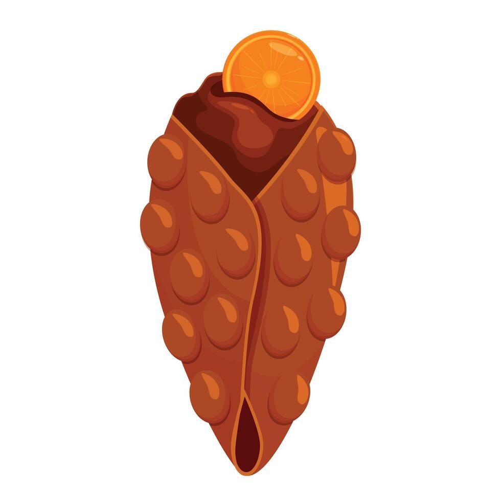 Bubble waffle filled with chocolate cream and orange slice is delicious dessert vector