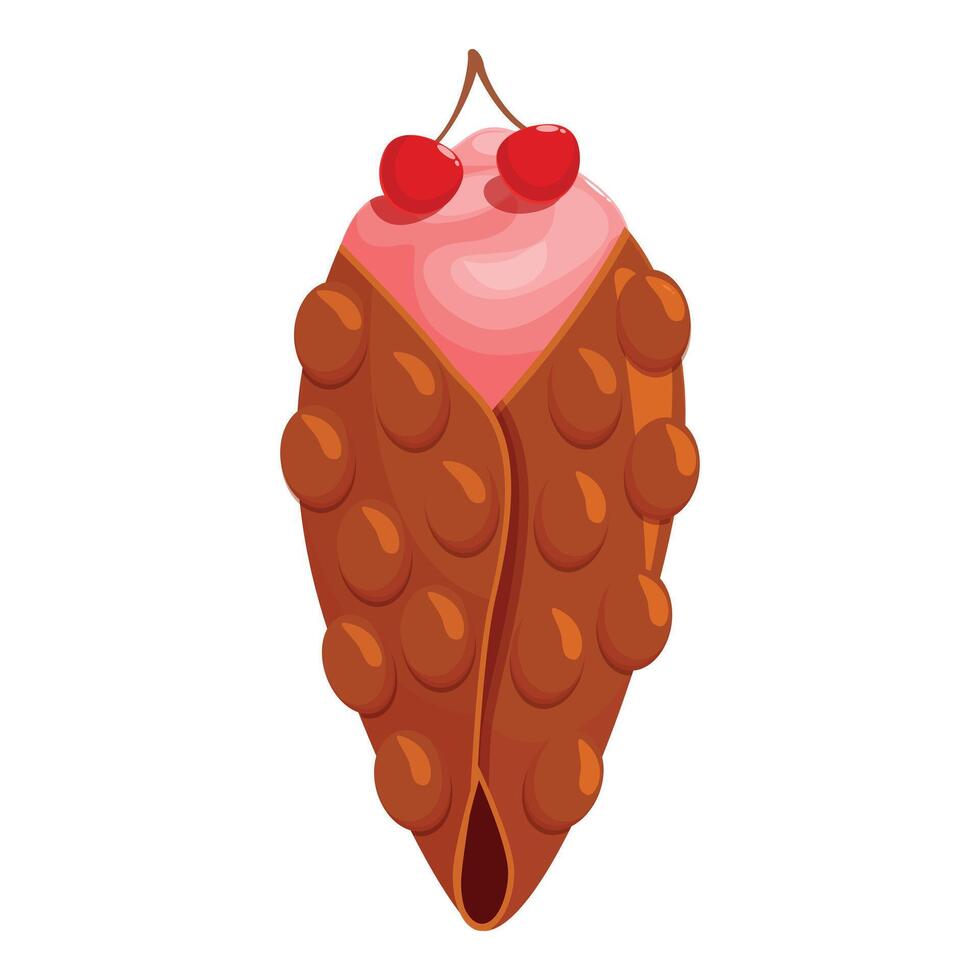 Bubble waffle filled with pink cream and decorated with cherries vector