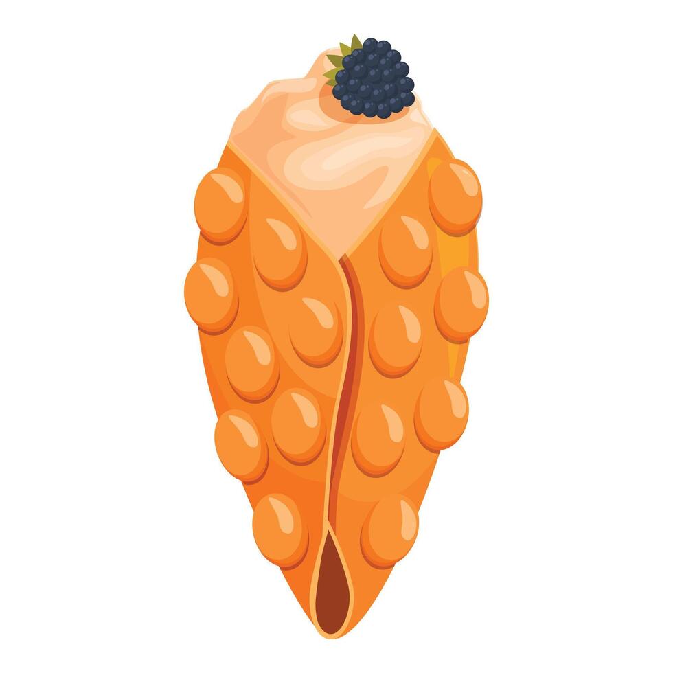Bubble waffle filled with cream and blackberry is waiting to be eaten vector