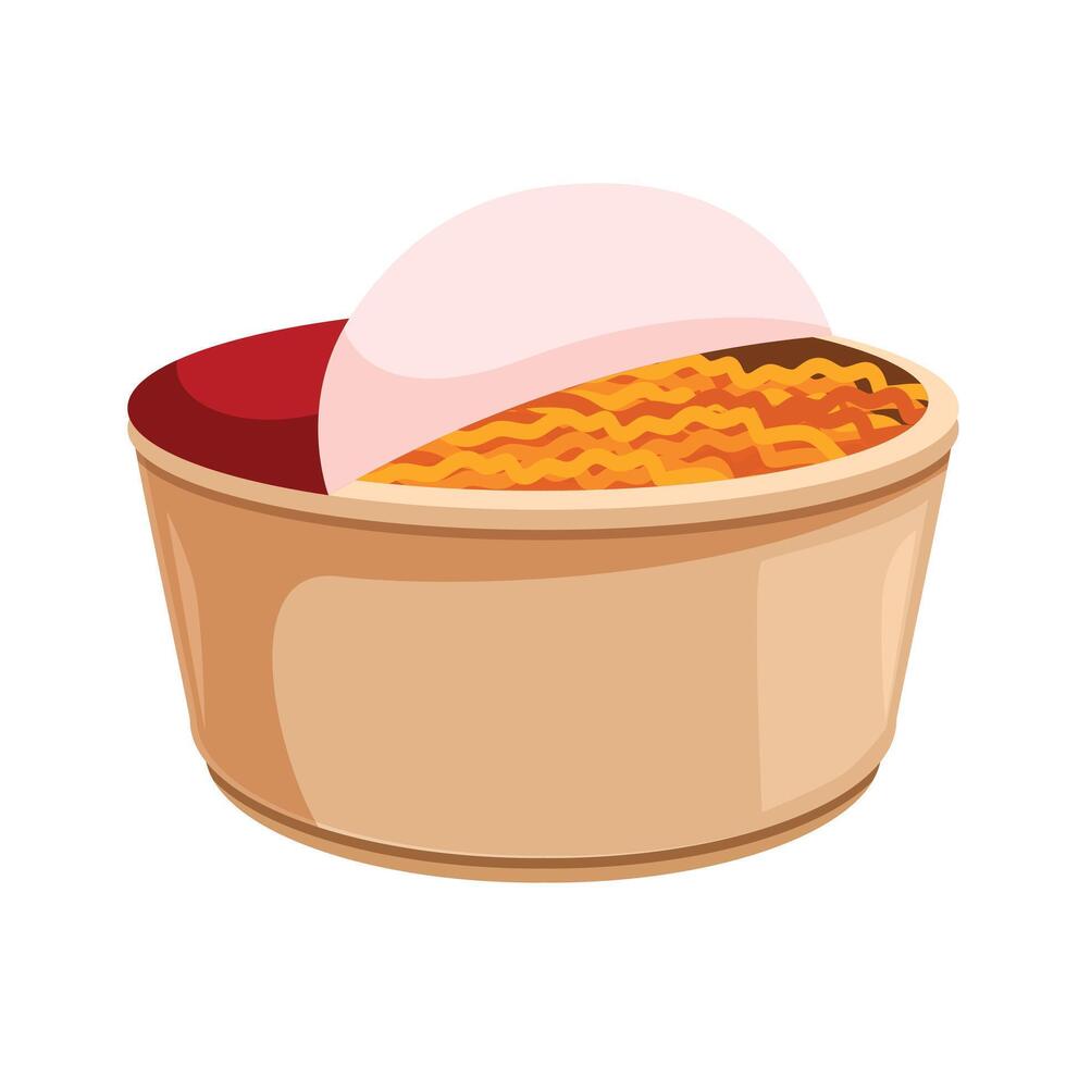 Wok food container with noodles and sauce being prepared for delivery vector