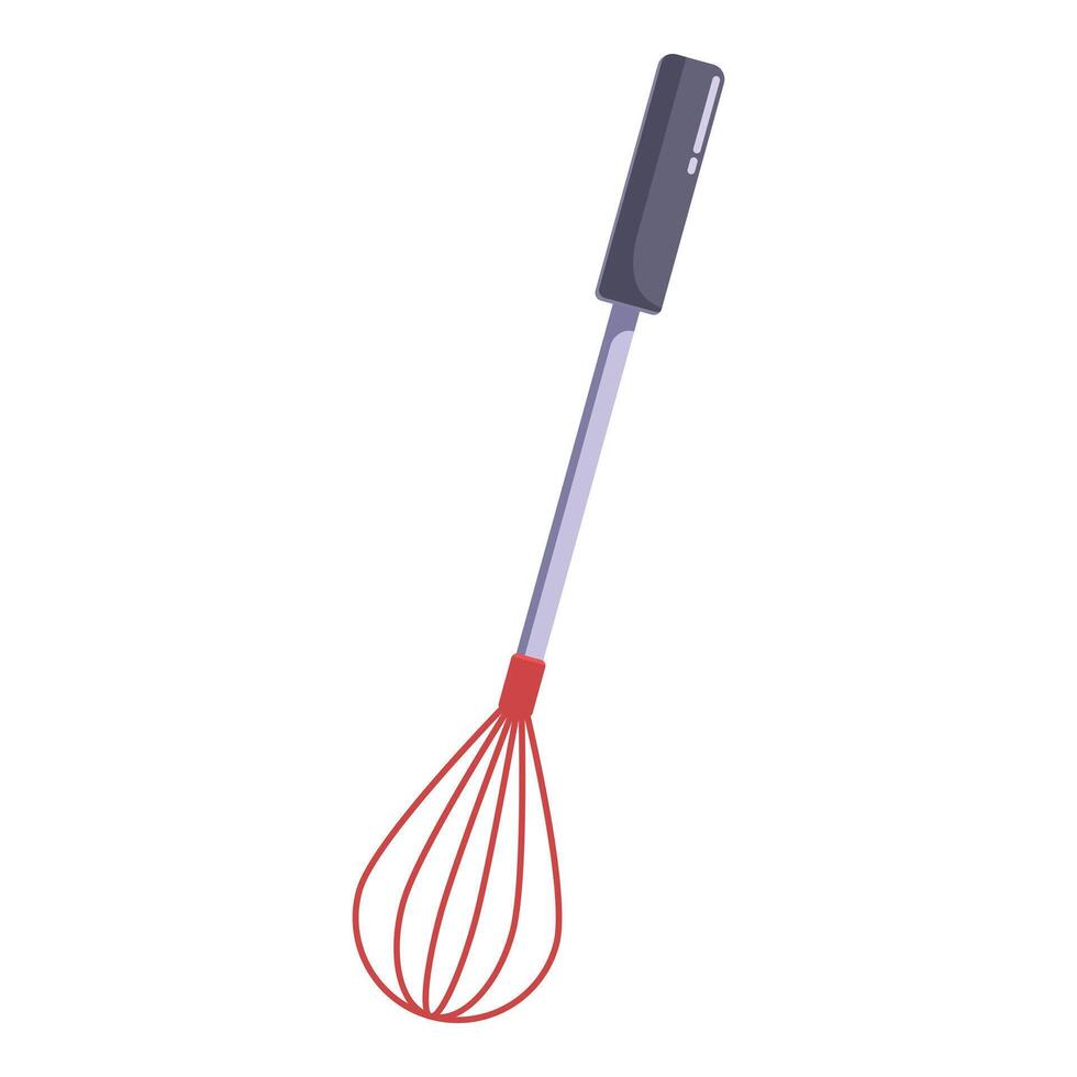 Red kitchen whisk with metal handle for mixing ingredients vector