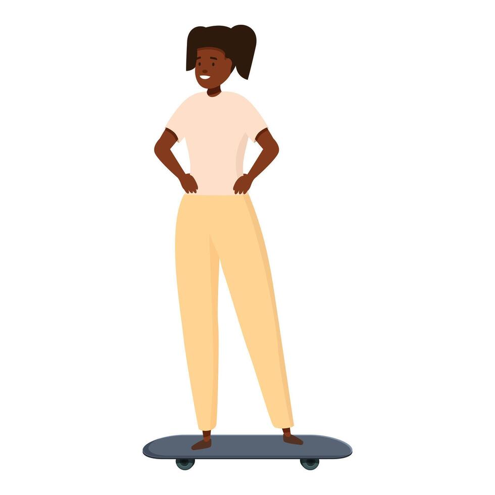 Young woman standing on skateboard posing with hands on hips vector