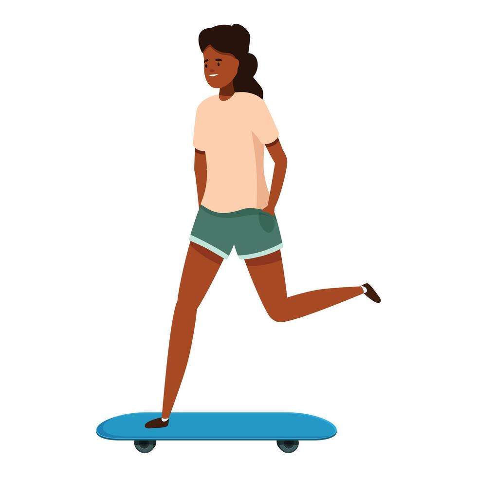 Young woman running with skateboard pushing with one leg vector
