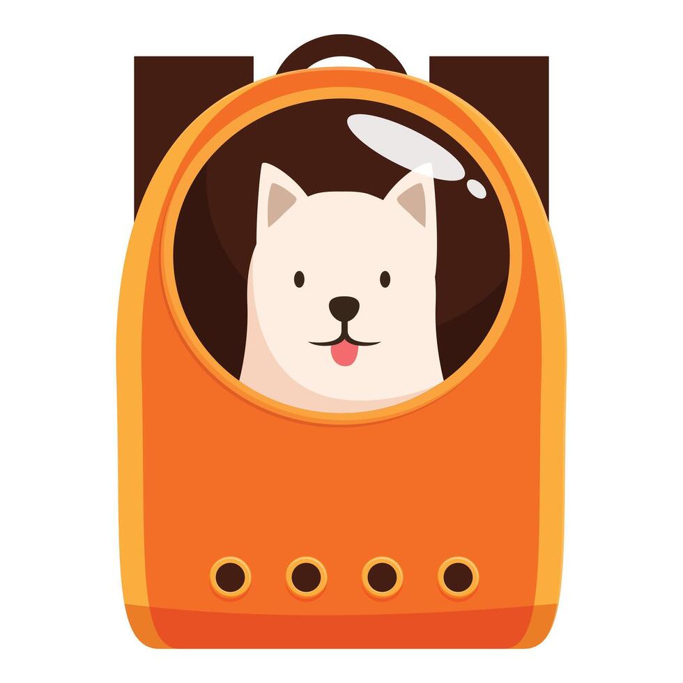 Cute white dog sticking tongue out sitting in orange pet carrier backpack vector
