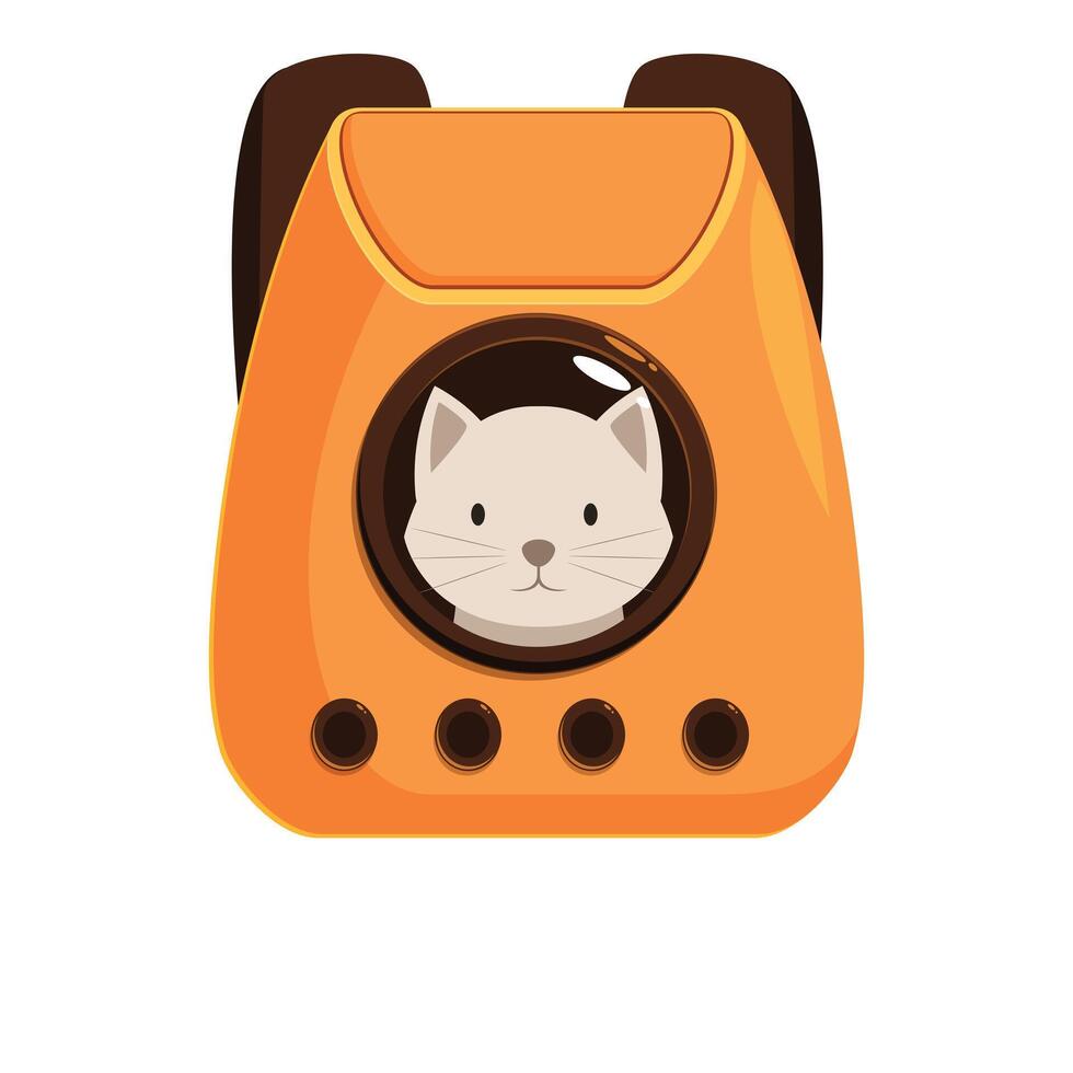 White cat sitting in orange pet carrier backpack vector