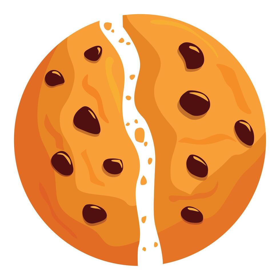Round chocolate chip cookie breaking apart from top view vector