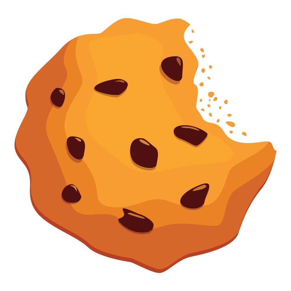 Cartoon icon of crunchy chocolate chip cookie with bite missing vector
