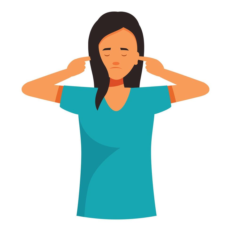 Young woman covering ears ignoring loud noise vector