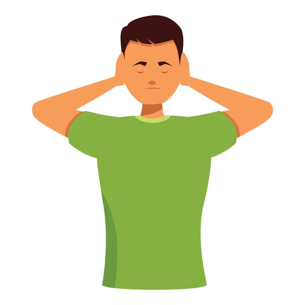 Young man covering ears with hands feeling annoyed by loud noise or music vector