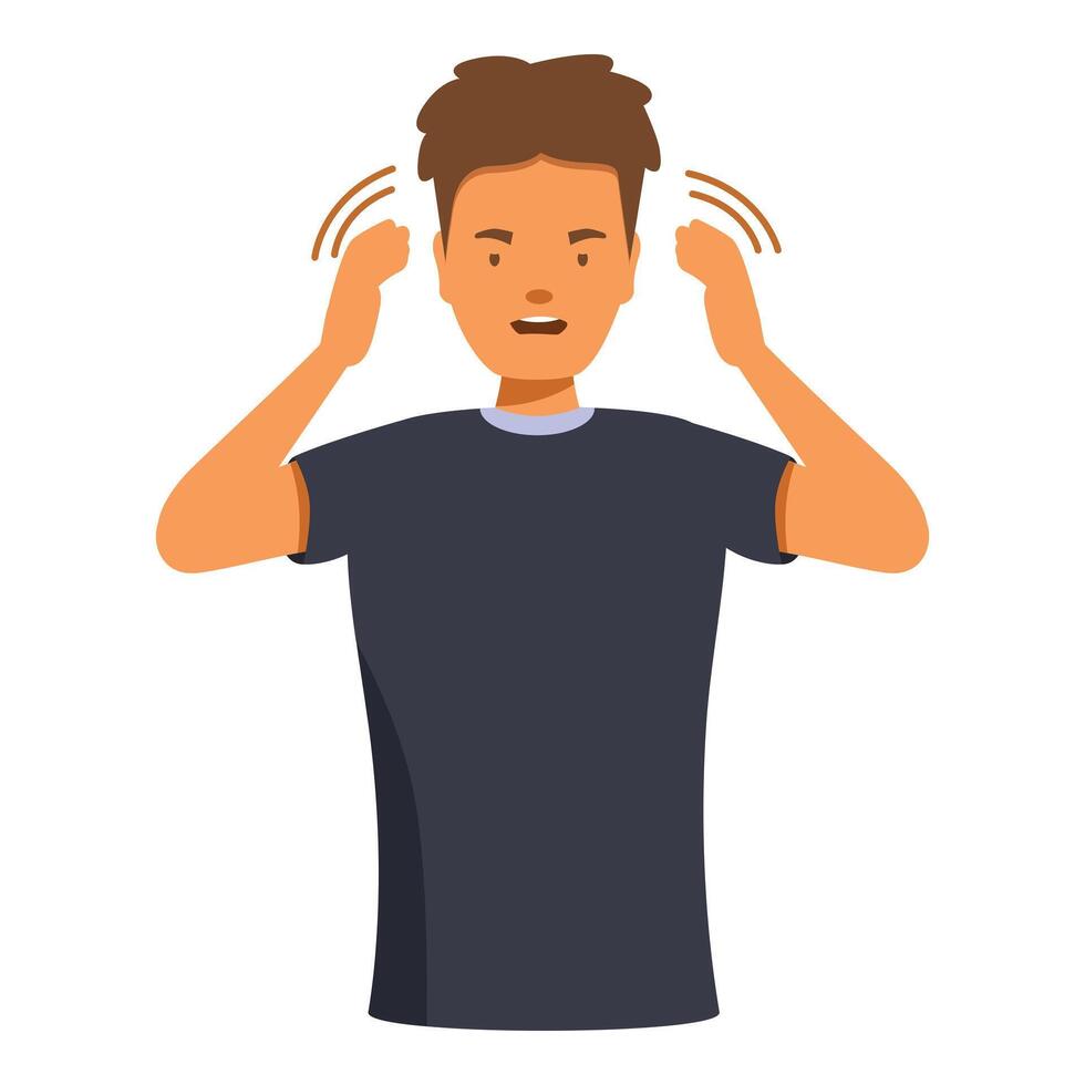 Young man covering ears feeling annoyed by loud noise vector