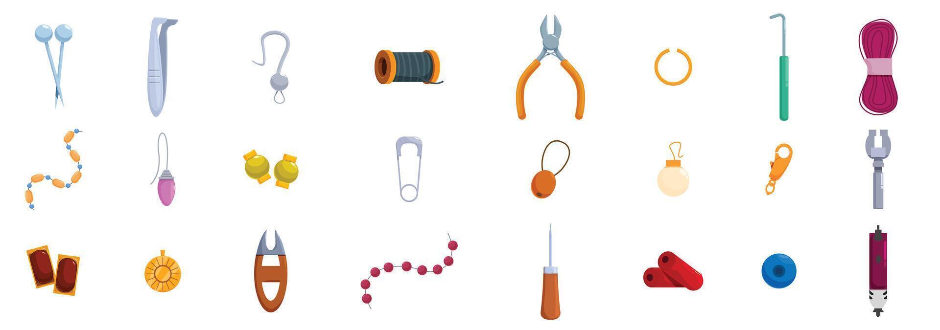 Craft jewellery making icons set. Jewelry making tools and materials for designers and crafters creating handmade jewelry vector