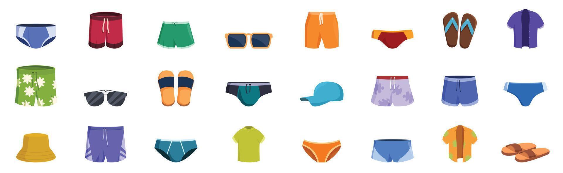 Male beach wear icons set. Summer clothes collection featuring swim trunks, shirts, and accessories vector