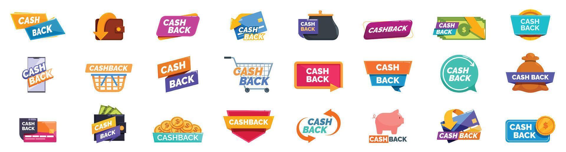 Cash back offer icons set. Cashback money refund concept with financial icons set vector