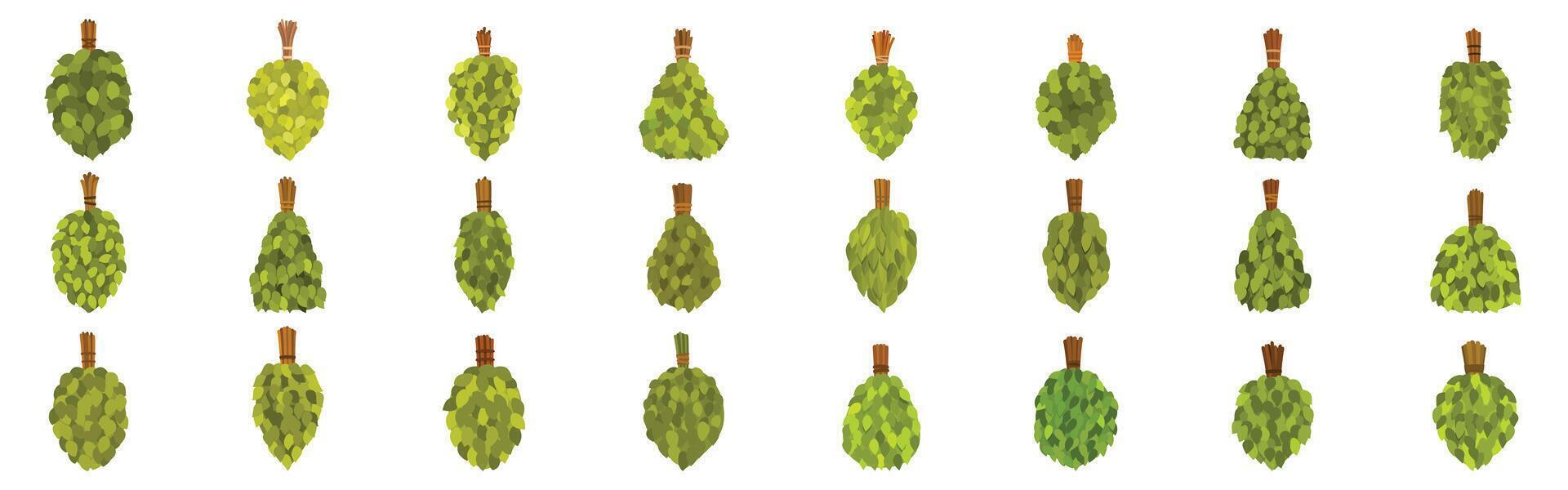 Birch broom icons set. Set of birch brooms for sauna showing relaxing wellness concept vector