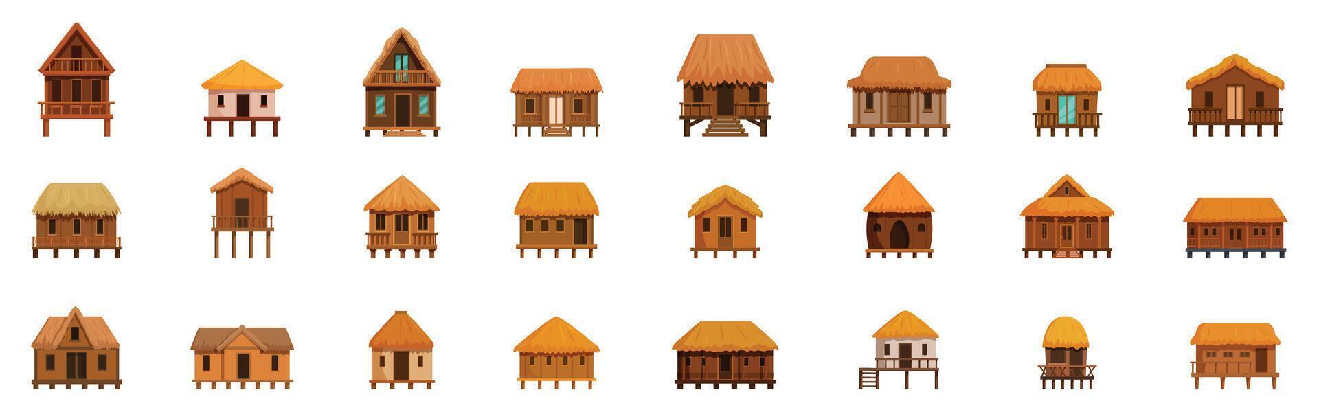 Tropical jungle house icons set. Bungalow house icons set. Cartoon set of bungalow house vector icons for web design