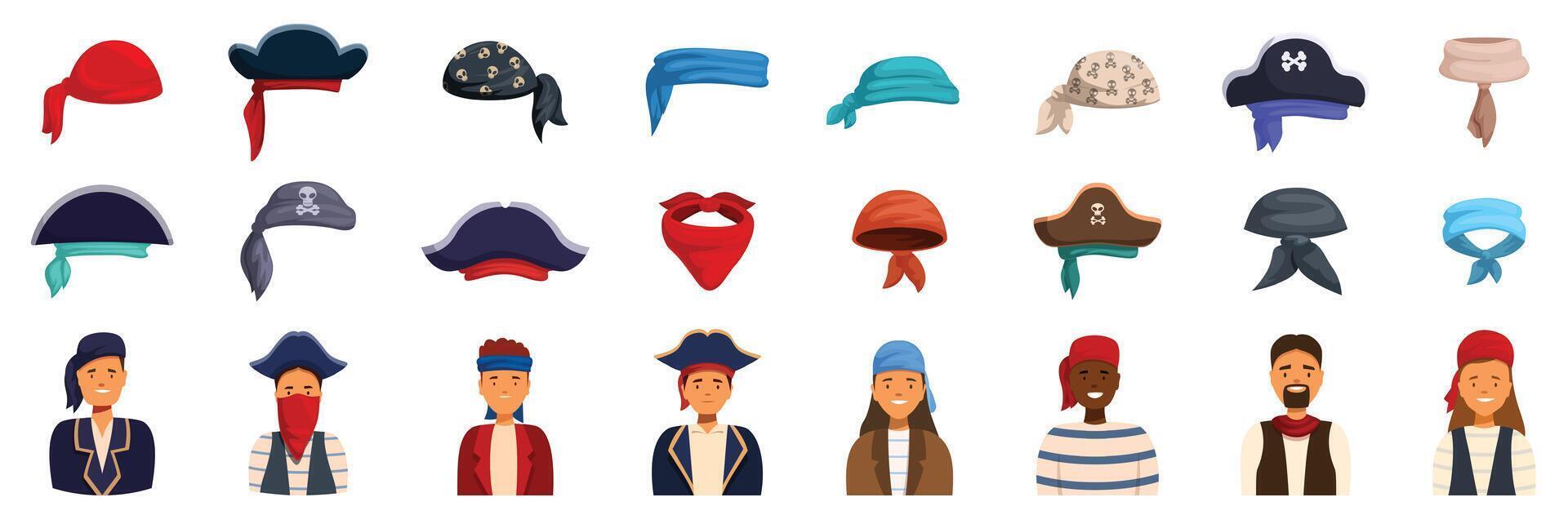 Pirate bandana icons set. People wearing pirate hats and bandanas with different styles and colors vector