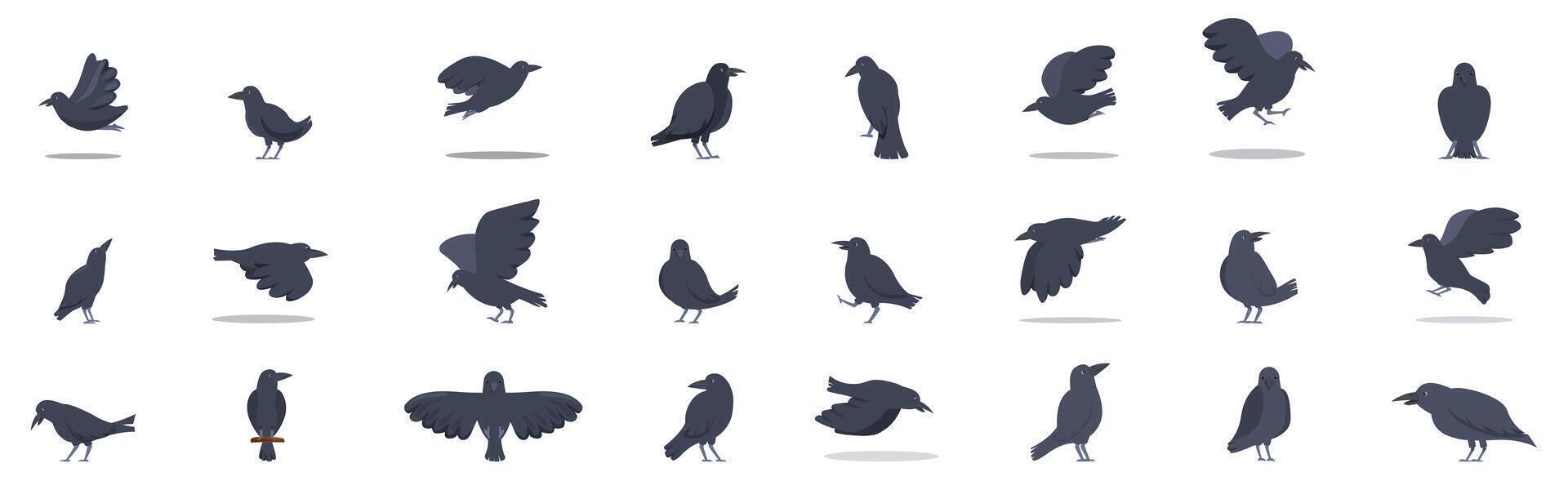 Crow icons set. Set of crows in different poses, flying, standing, looking around vector