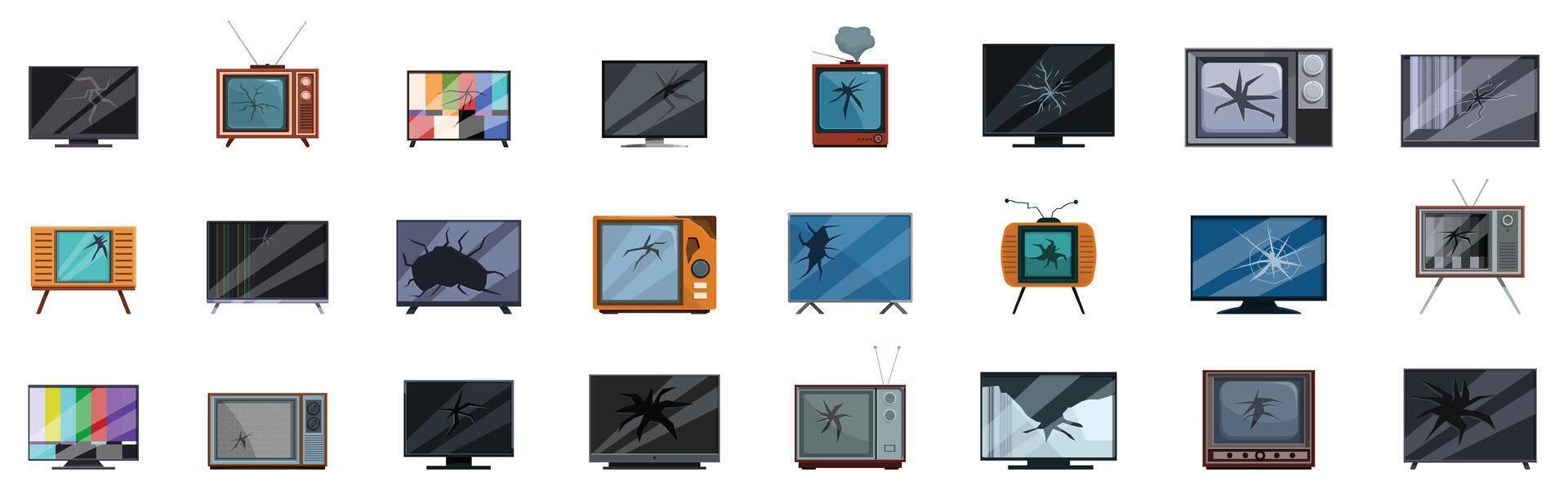 Broken tv icons set. Collection of broken tv showing different type of damage and failure vector