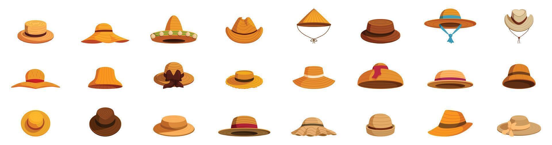 Straw headwear icons set. Large set of different styles of hats representing various cultures and professions vector