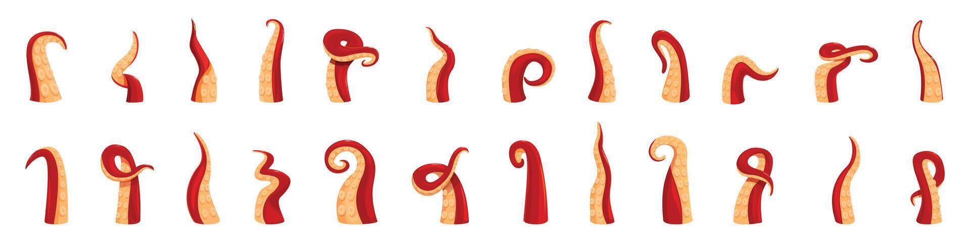 Octopus tentacle icons set. Red octopus tentacles showing different poses vector