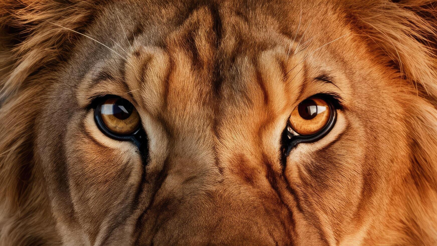 A stunning close-up photo of a lion's eyes, showing its large, expressive, golden irises
