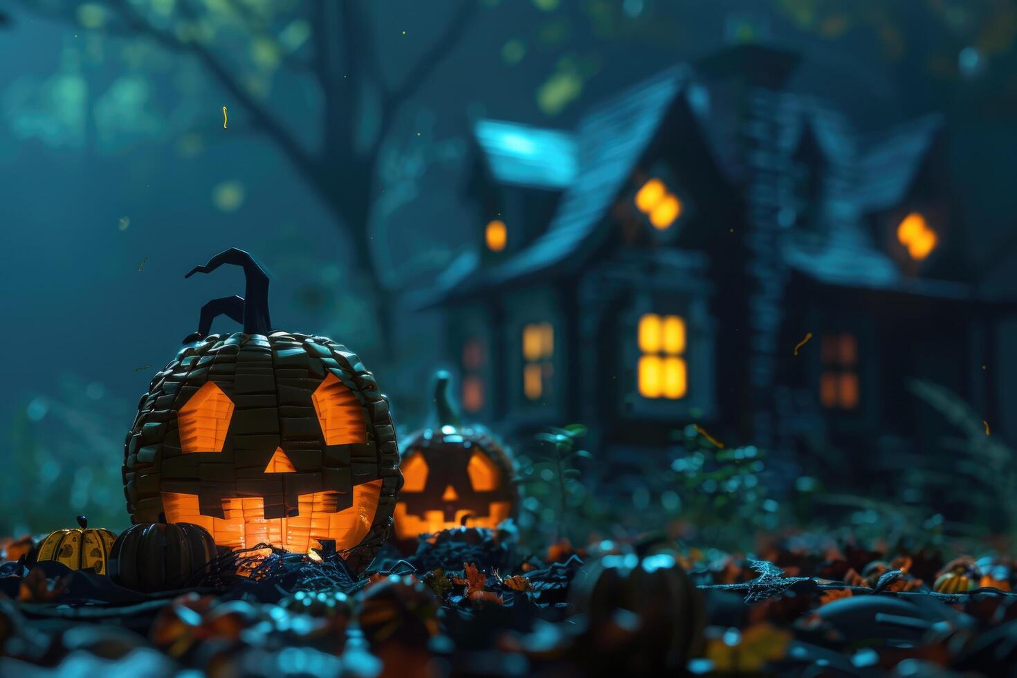 Illuminated Jack-o'-Lantern in Front of a Haunted House photo