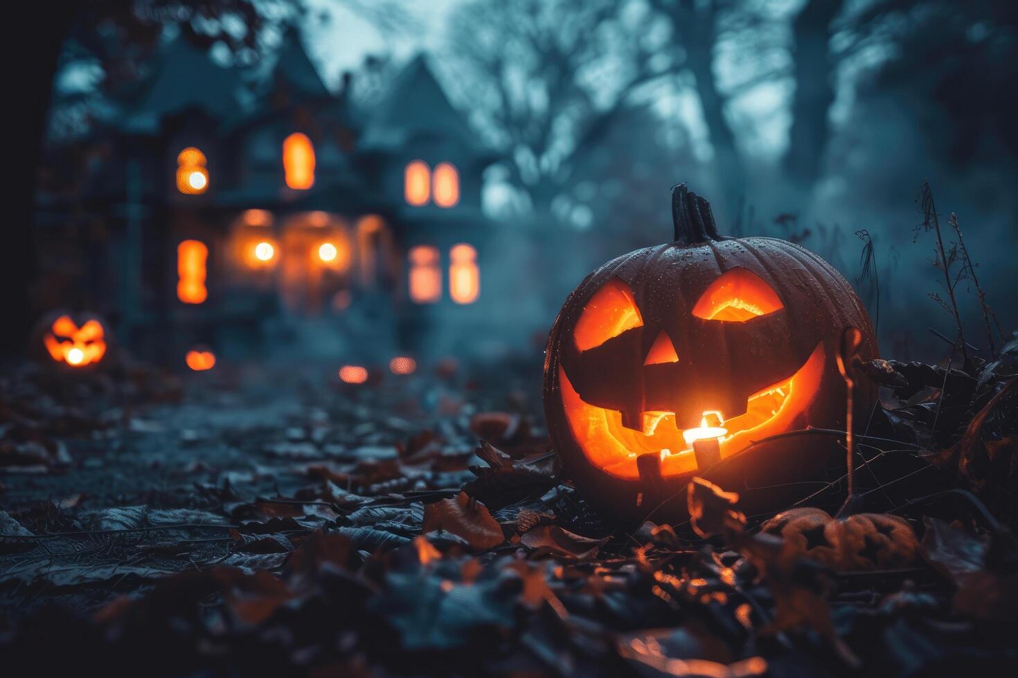 A Glowing Jack-o'-Lantern in a Dark Forest Setting photo