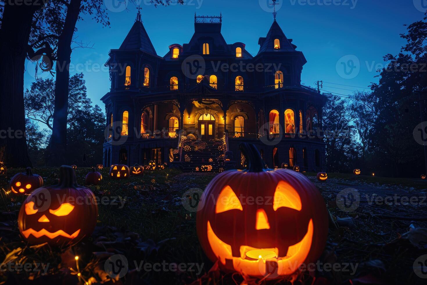 A Glowing Jack-o'-Lantern in Front of a Haunted Victorian Mansion on a Dark Halloween Night photo
