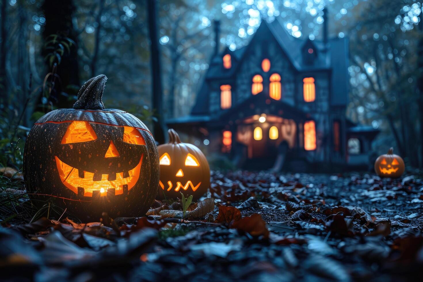 Illuminated Jack-o'-Lanterns in a Haunted Forest with a Creepy House in the Background photo
